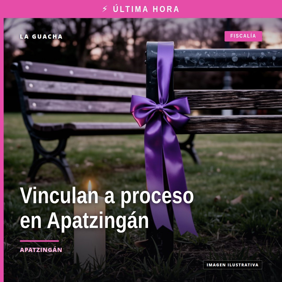 Ilustración simbólica de una balanza de justicia y un edificio de tribunales en Apatzingán, con texto 'vinculación a proceso