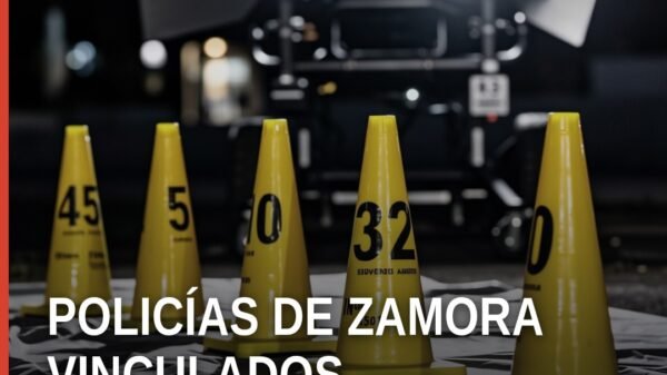 Ilustración simbólica de cuatro uniformes policiales sobre un fondo con la bandera de Michoacán y la leyenda 'vinculación a