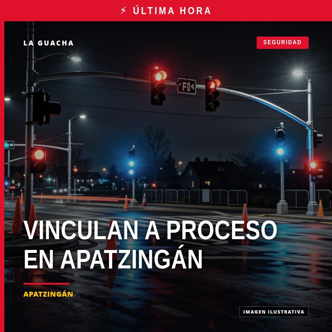 Imagen simbólica de balanza de justicia con fondo de edificio de la Fiscalía Regional de Apatzingán, vinculación a proceso