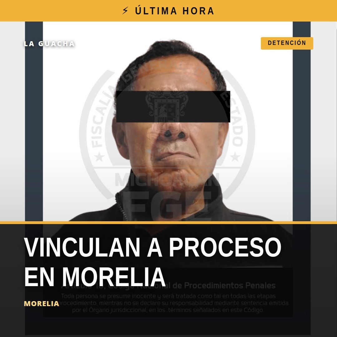 Ilustración simbólica de una balanza de justicia y un edificio de notaría en Morelia, con texto implícito de vinculación a