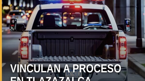 Ilustración simbólica de balanza de justicia y escudo de la Fiscalía Michoacán, con fondo que evoca Tlazazalca; vinculación
