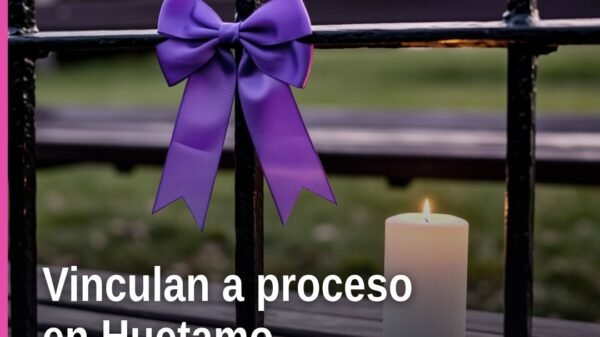 Ilustración simbólica de una balanza de justicia y un edificio judicial con la leyenda 'vinculación a proceso huetamo'