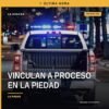 Ilustración simbólica de una balanza de justicia y documentos judiciales con el texto 'vinculación a proceso la piedad' en