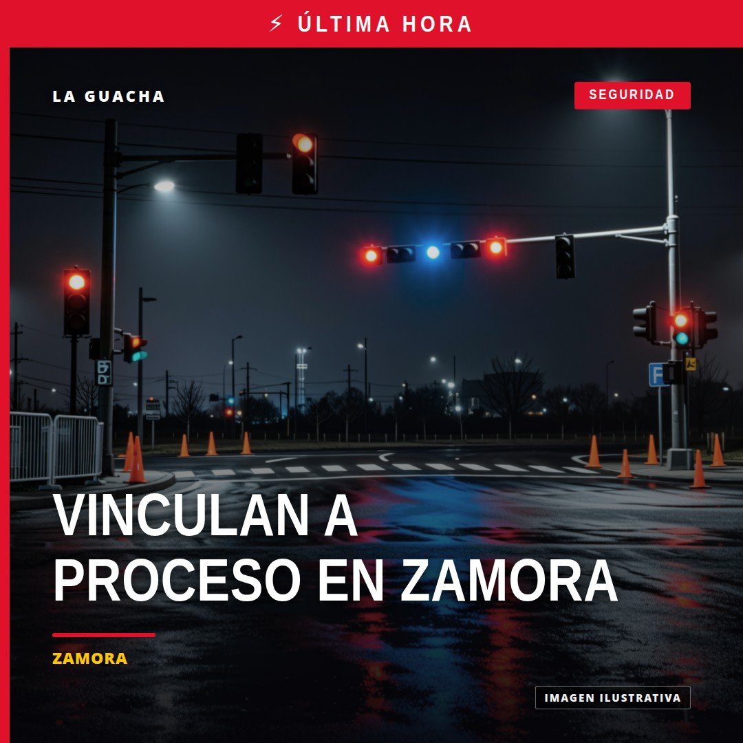 Ilustración simbólica de balanza de justicia y silueta de camioneta frente a fraccionamiento residencial en Zamora