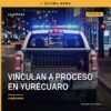 Ilustración simbólica de balanza de justicia y silueta de pareja en conflicto, con texto 'vinculación a proceso yurécuaro'